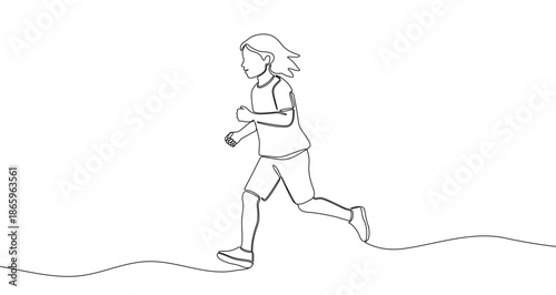 Running child or jogger in one line art style. Girl drawing with editable black stroke on white background. Vector illustration.