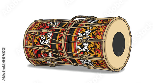 Traditional Cylindrical Drum with Intricate Decorative Patterns and Leather Straps.