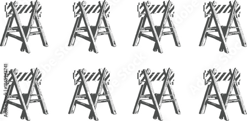 Eight dark grey construction barricades with white diagonal stripes arranged in a grid pattern on a white background