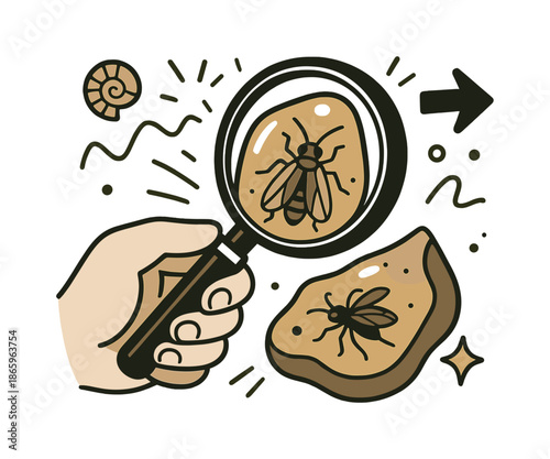 Amber Insect Discovery. Tiny fossil treasures. A hand holds a magnifying glass over a piece of amber with an insect frozen inside. Detailed textures highlight