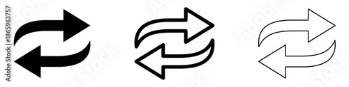 Arrow icon. Double curved arrows forming a cycle: black silhouette and outline, isolated on white background. Vector illustration.