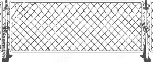 Black and white of a chain link fence section with metal posts and feet