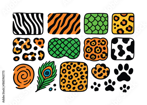 Colorful Animal Patterns. Wild animal patterns. Colorful Hand-drawn doodle Children illustration Wild animal patterns zebra stripes, leopard spots, tiger