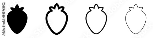 Strawberry icon. Strawberry berry with leaves: black silhouette and outline lines, isolated on a white background. Four style variations. Vector illustration.