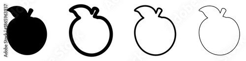 Orange icon. Citrus fruit with a leaf: black silhouette and outline lines, isolated on a white background. Four style variations. Vector illustration.