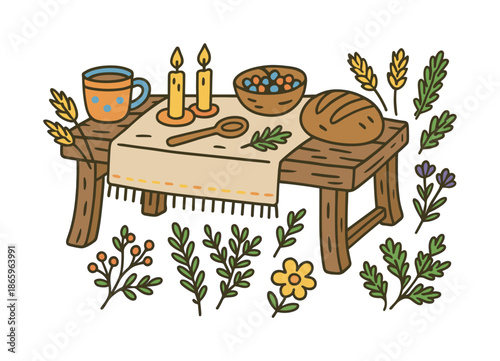 Rustic Table Setting. Rustic Table. Colorful Hand-drawn doodle Children illustration wooden table, linen cloth, ceramic mug, wheat stalks, candles, wooden