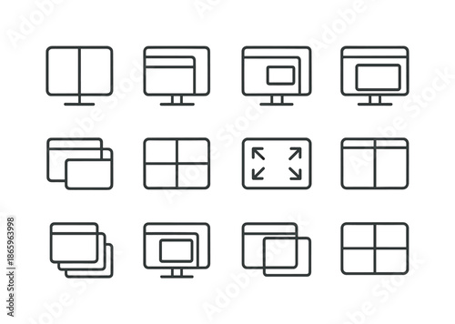 Multitasking Icon Grid. Multitasking on screen. Line icon set of Multitasking on screen: split screen, dual window, floating window, picture-in-picture, tab