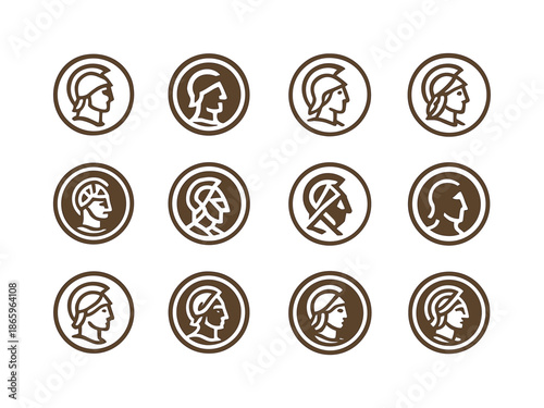 Ancient Relics Icons. ancient relics. Icon set. Set Logo of ancient relics: engraved coin. harmonious logo variations of the same emblematic concept, each with