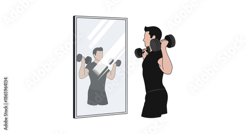 Muscular man lifting dumbbells in front of a mirror reflecting his workout.