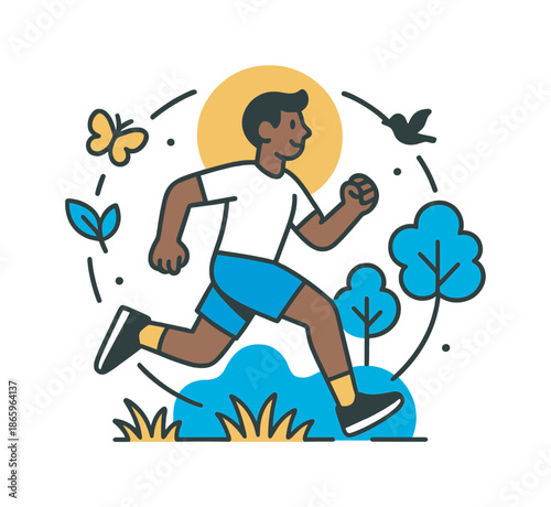 Nature-Inspired Runner. Nature Pulse Jog. A runner moves forward with trees, grass, and tiny wildlife icons (butterfly, leaf, bird) floating in a circular