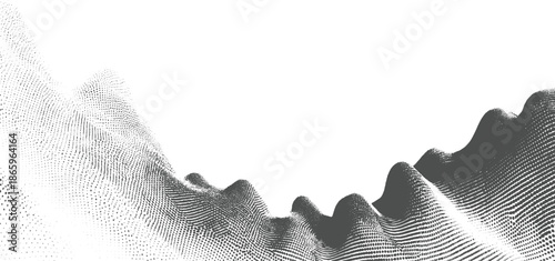 Grey dotted landscape with undulating hills and valleys on white background abstract dots
