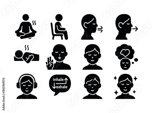 Breathing Exercise Icons. A person practicing breathing exercises, focusing on relaxation. Solid icon set of A person practicing breathing exercises, focusing