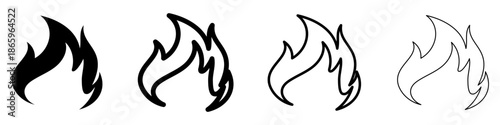 Flame icon. Symbol of fire: black silhouette and outline lines. Four style variations. Vector illustration.