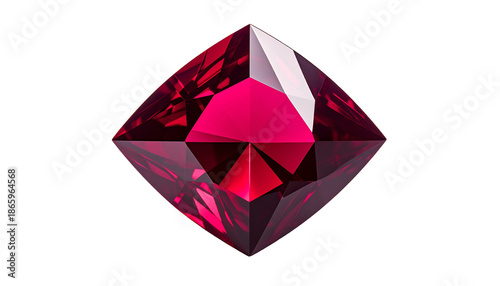 Vivid, square-cut gemstone, deep red, dazzling facets, black background