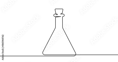 Three different laboratory flasks or bottles with stoppers in one line art style. Drawing with editable black stroke on a white background. Vector illustration, chemical experiment concept.
