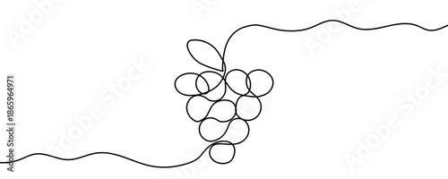 A bunch of grapes with leaves. Drawing in one line art style with editable black stroke on a white background. Vector illustration, concept of fruit, harvest, or wine.