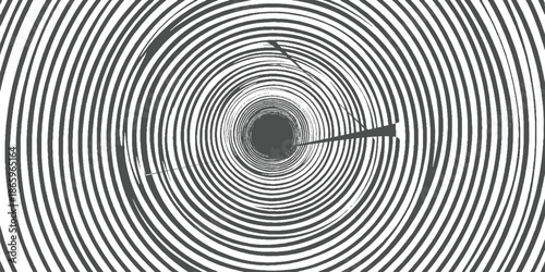 Black and white concentric circles with a dark central vortex and thin lines abstract background