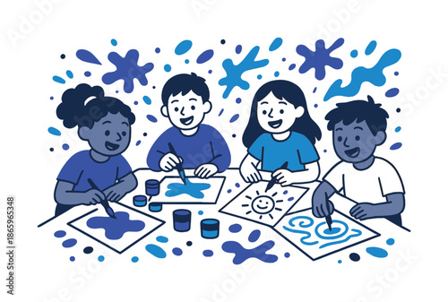 Joyous Artistic Expression. Children engaged in creative arts. Kids gather around a big table splashing color across paper, paint blobs and doodles floating