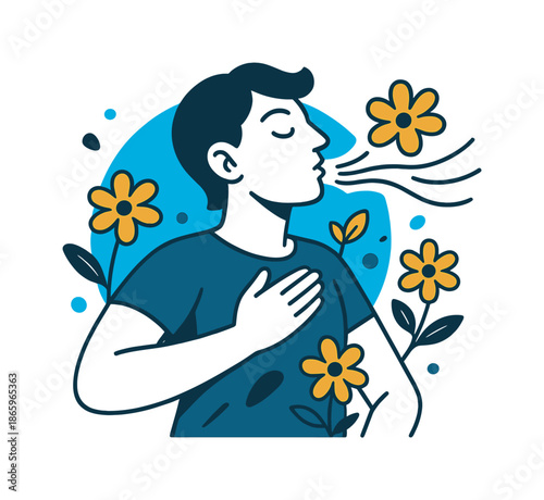 Healing Breath Aura. Healing Breath Moment. A figure inhales deeply as floating lines visualize expanding air, while flowers bloom with each breath. A soft