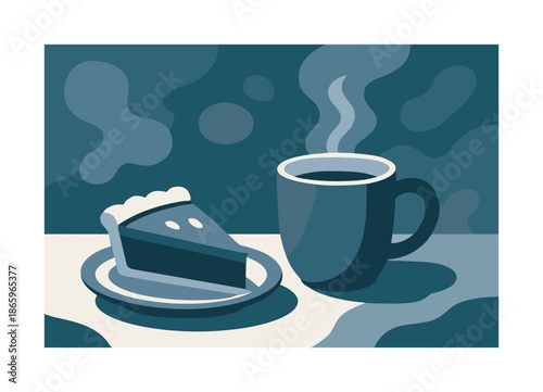 Pie and Coffee Delight. Pie & coffee. A slice rests on a small plate beside a steaming mug, soft cafe ambience floating around in warm shapes. Simple, perfect