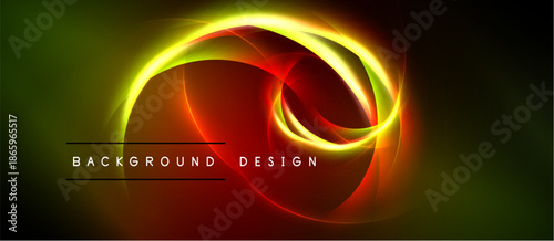 Abstract vibrant design features flowing curves, bright colors. Dark background emphasizes glowing lines, creating dynamic visual effect.