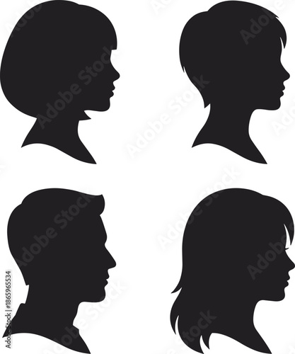 Male and female head profile silhouettes, minimalist black avatar faces with different hairstyles, modern human portrait icon set isolated