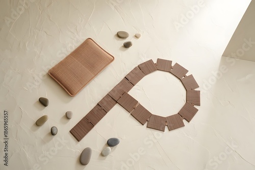 Brown leather pouch and matching strap on white surface with stones