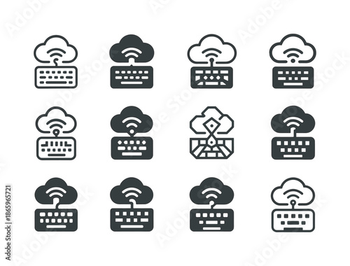 Smart Workspaces Icon Set. Smart Workspaces. Icon set. Set Logo of Smart Workspaces: wireless keyboard and cloud-sync symbol. harmonious logo variations of the