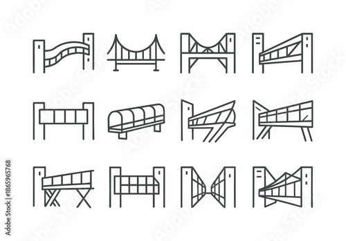 Architectural Skybridge Icons. Architectural skybridges. Line icon set of Architectural skybridges: curved bridge, suspension skywalk, steel framework, bridge