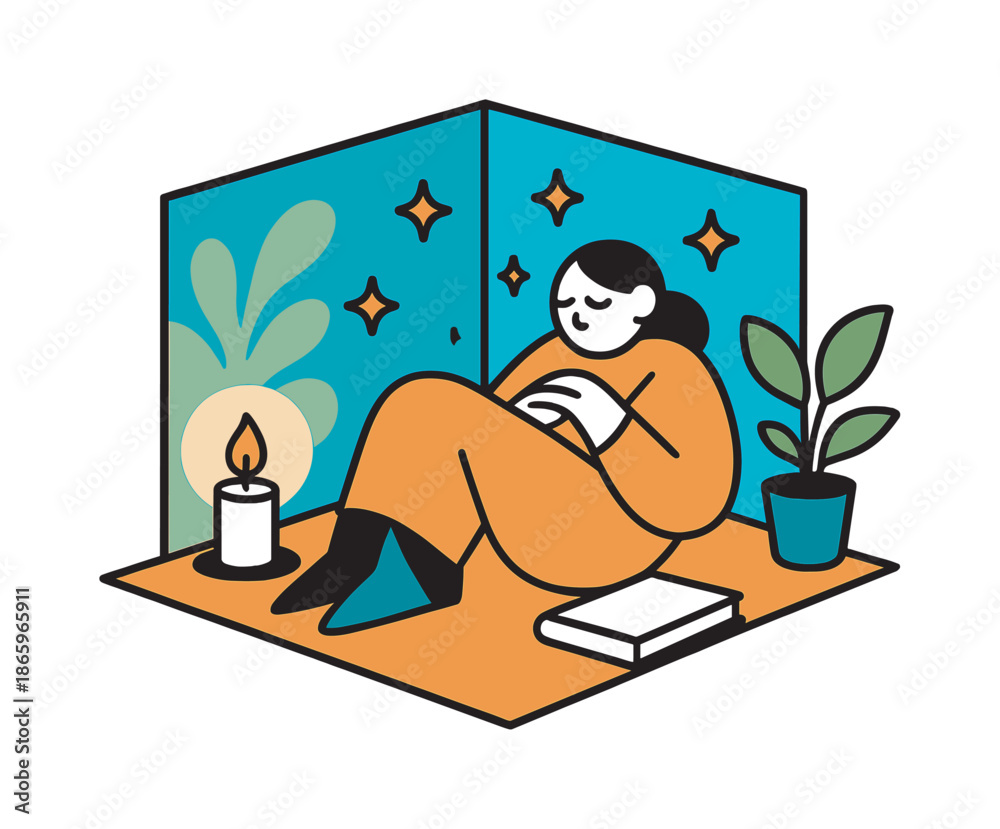 Fototapeta premium Serene Healing Corner. Quiet Healing Space. A small room corner with a glowing candle, book, and soft plant silhouettes floats in minimalist geometry. A figure