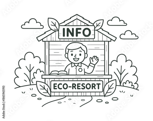 Eco-Resort Coloring Fun. Eco-resort welcome center children?s coloring book illustration, outlined drawing, a simple wooden info hut with leaf decorations and