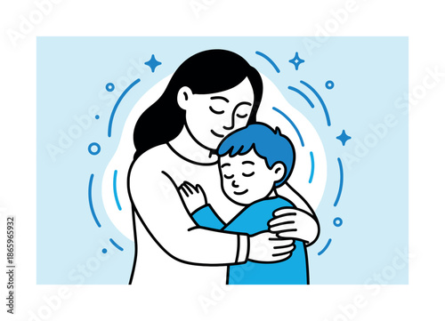 Warm Embrace Illustration. Safe in your arms. A child leans into a warm embrace; glowing shapes surround them like a protective aura. The moment