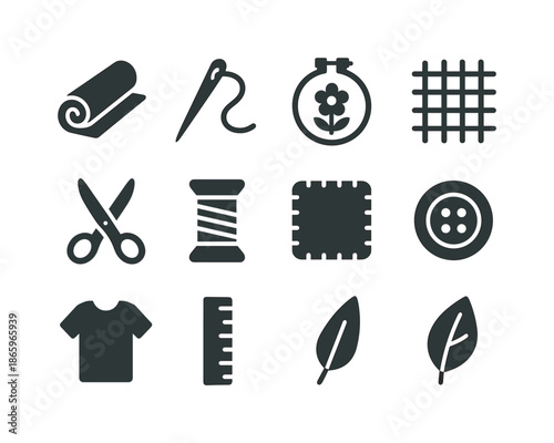 Textile Art Icons. Textile art. Solid icon set of Textile art: fabric roll, needle, thread, embroidery hoop, pattern, scissors, spool, patch, button, t-shirt,