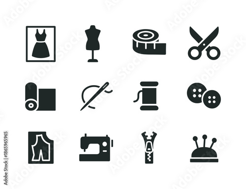Fashion Design Icons. Fashion design. Solid icon set of fashion design: dress sketch, mannequin, measuring tape, scissors, fabric roll, needle, thread spool,