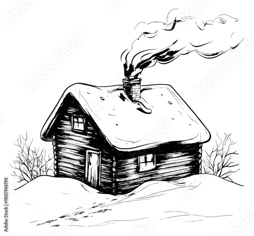 Line art illustration of a rustic log cabin depicting snow on the roof and smoke from the chimney for winter concepts