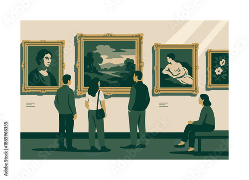 Classical Art Exhibition. Classic painting wing. Ornate gold frames line clean walls as visitors admire timeless masterpieces, soft rays highlighting brush