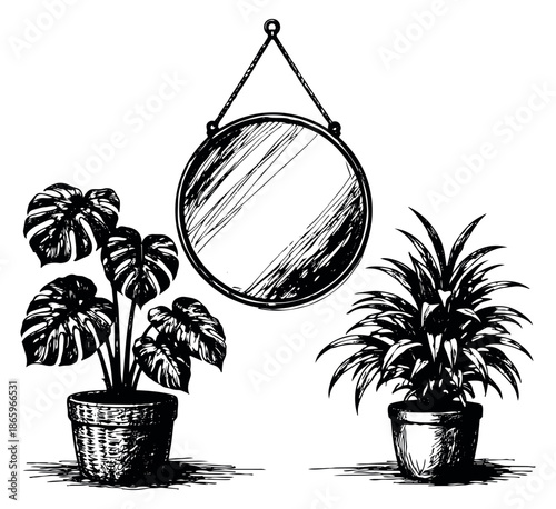 Hand drawn line art home decor set featuring potted plants and a round hanging mirror for interior design projects