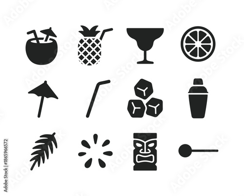 Tropical Drink Icons. Tropical drinks. Solid icon set of tropical drinks: coconut cup, pineapple drink, margarita glass, citrus slice, umbrella, straw, ice