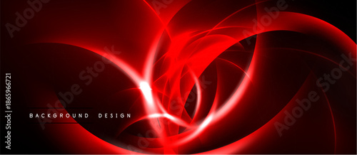 Abstract red design features swirling lines, bright glow. Dynamic composition creates energetic visual impact. Dark background emphasizes luminosity.