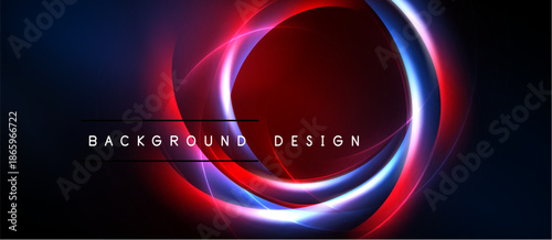 Abstract design features concentric glowing circles. Red, blue, white hues dominate dark background. Text reads background design.