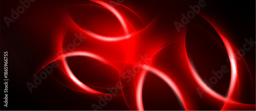 Abstract red design features flowing curves, bright highlights against dark background. Dynamic composition evokes energy, motion.