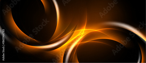 Abstract design features swirling orange lines, dark background. Dynamic curves create luminous effect, modern aesthetic.