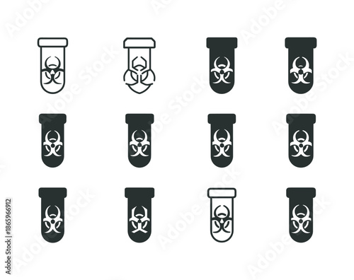 Biological Hazard Icons. Biological Hazards. Icon set. Set Logo of Biological Hazards: contaminated sample vial. harmonious logo variations of the same