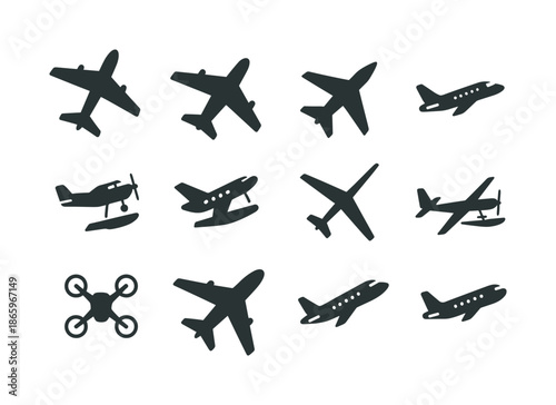 Airplane Icons Grid. Airplane types. Solid icon set of Airplane types: commercial jet, cargo plane, fighter jet, private jet, propeller plane, seaplane, glider