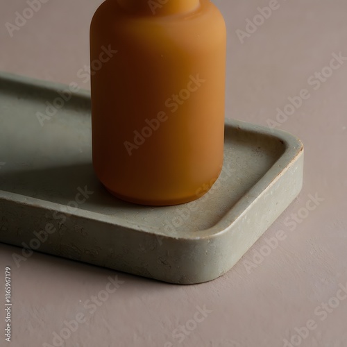 Ceramic tray with orange bottle on a pink surface