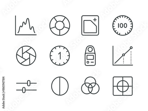 Studio Portrait Icon Set. Taking portraits in a studio ? Color & Exposure Control. Line icon set of Taking portraits in a studio ? Color & Exposure Control: