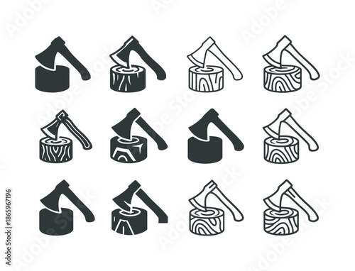 Wood and Metal Icons. Wood and metal combo. Icon set. Set Logo of wood and metal combo: forged axe. harmonious logo variations of the same emblematic concept,