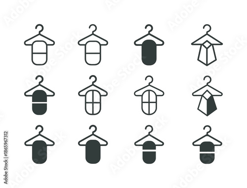 Minimalist Icon Set. Minimalist lifestyle and decluttering trends. Icon set. Set Logo of minimalist lifestyle and decluttering trends: capsule wardrobe hanger.