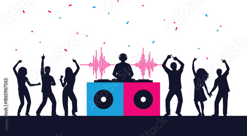 Silhouette of diverse partygoers dancing enthusiastically around a disc jockey booth celebrating vibrant music and festive holiday celebration moments