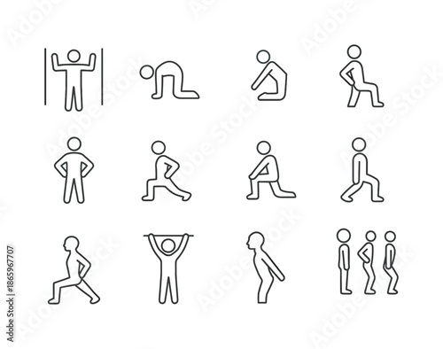 Posture Exercise Icons. Posture exercises. Line icon set of posture exercises: wall angels, cat-cow stretch, chest stretch, thoracic extension, scapular